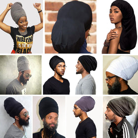 XTREND cap beside hand for scale showing 19.5x9 inch size and roomy fit for long locs