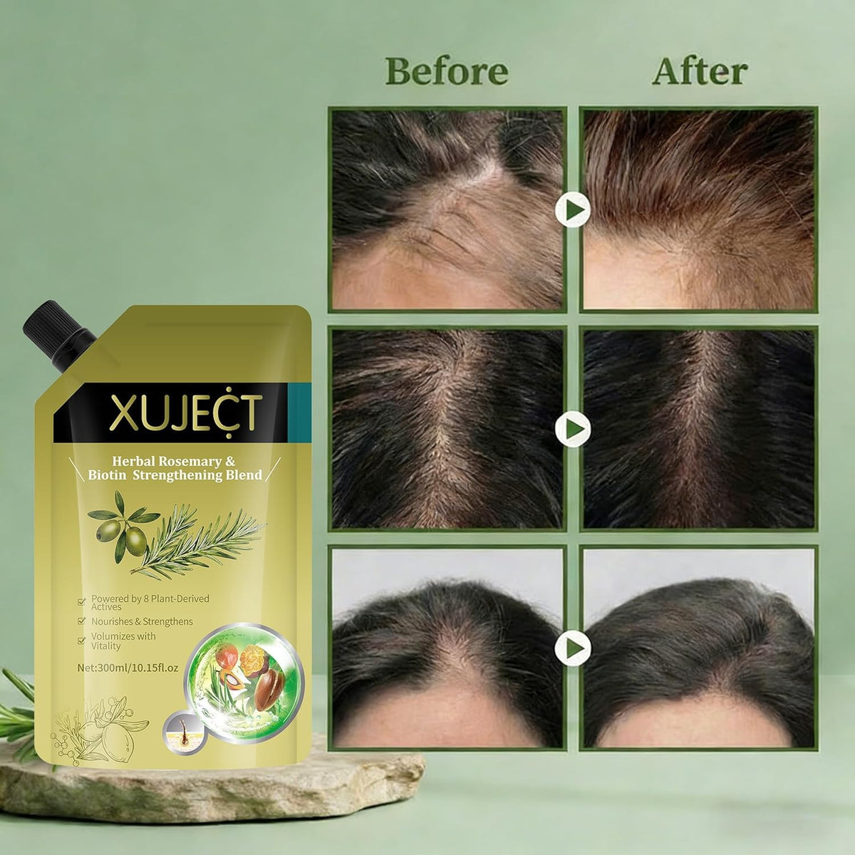 XUJECT shampoo being poured from pouch into hand for easy use