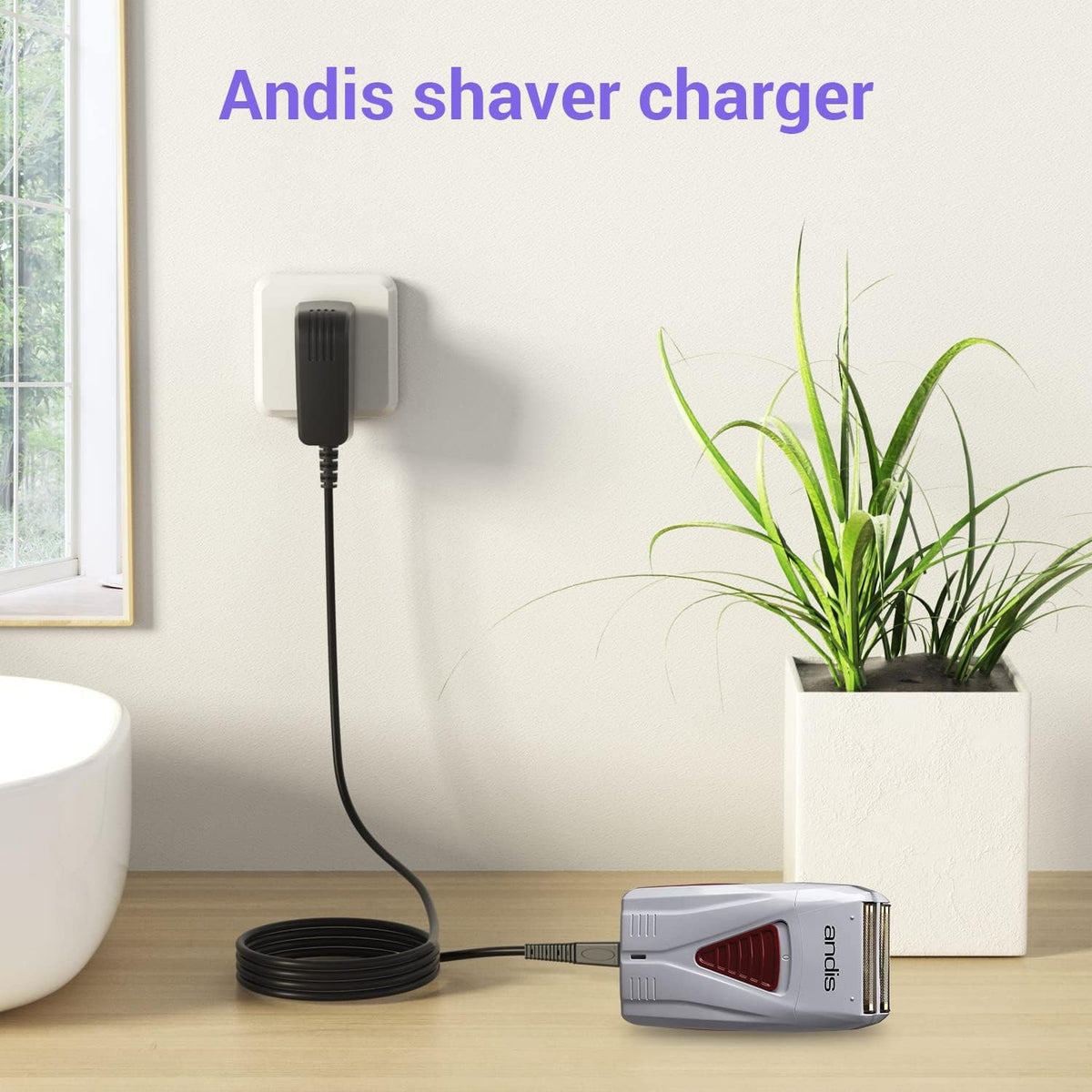 XXSZHY adapter charging Andis shaver on bathroom counter showing everyday use