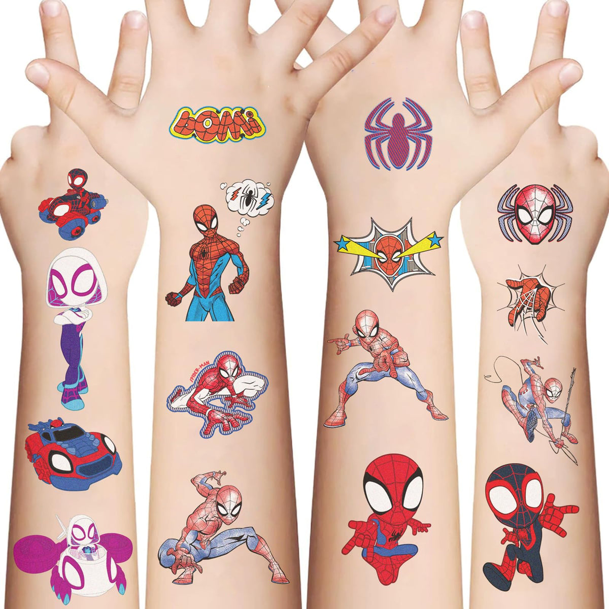 XYLL front packaging showing Spiderman tattoo sheets and party-ready benefit