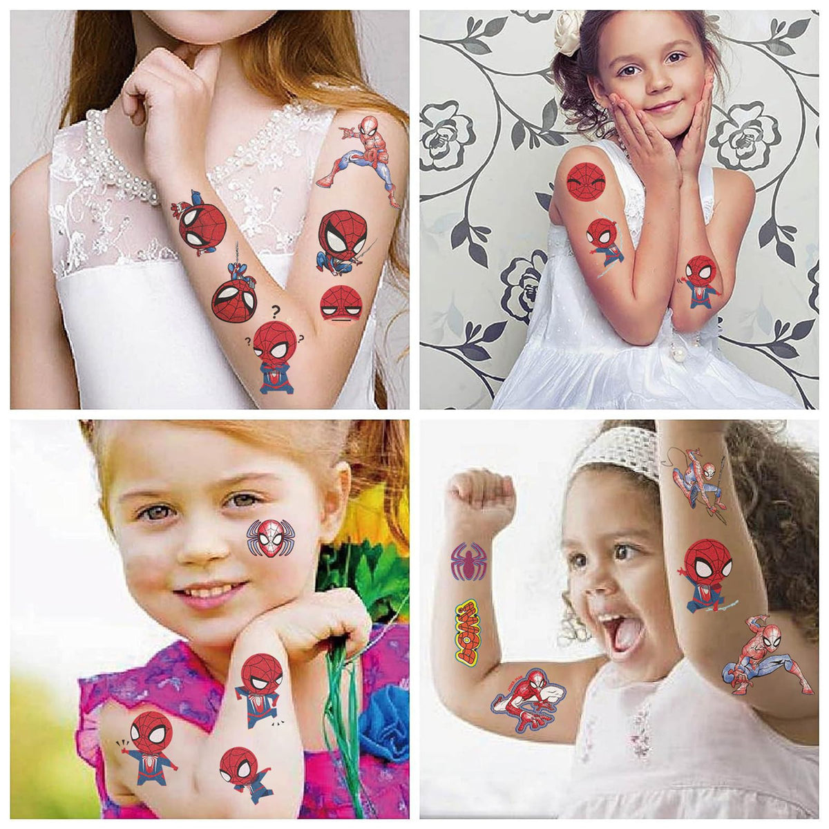 XYLL child wearing Spiderman tattoo on arm showing fun party appeal