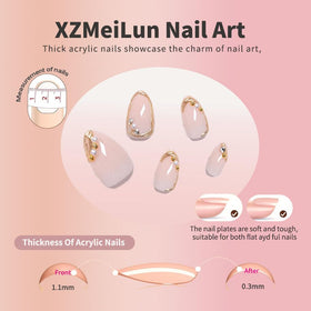 XZMeiLun hand holding a short almond nail to show true size and comfortable fit