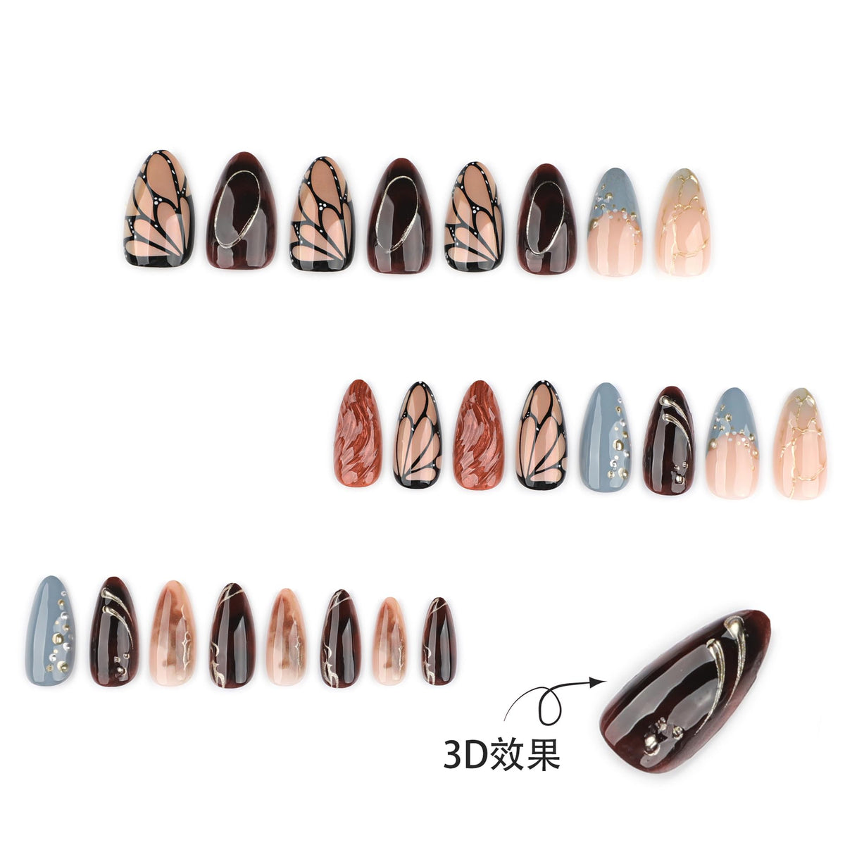 XZMeiLun medium almond nail shapes laid out to show size variety