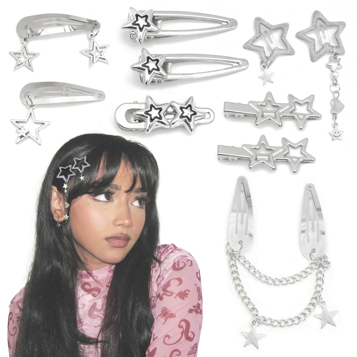 YAEISM front packaging showing ten silver star clips and varied shapes for styling