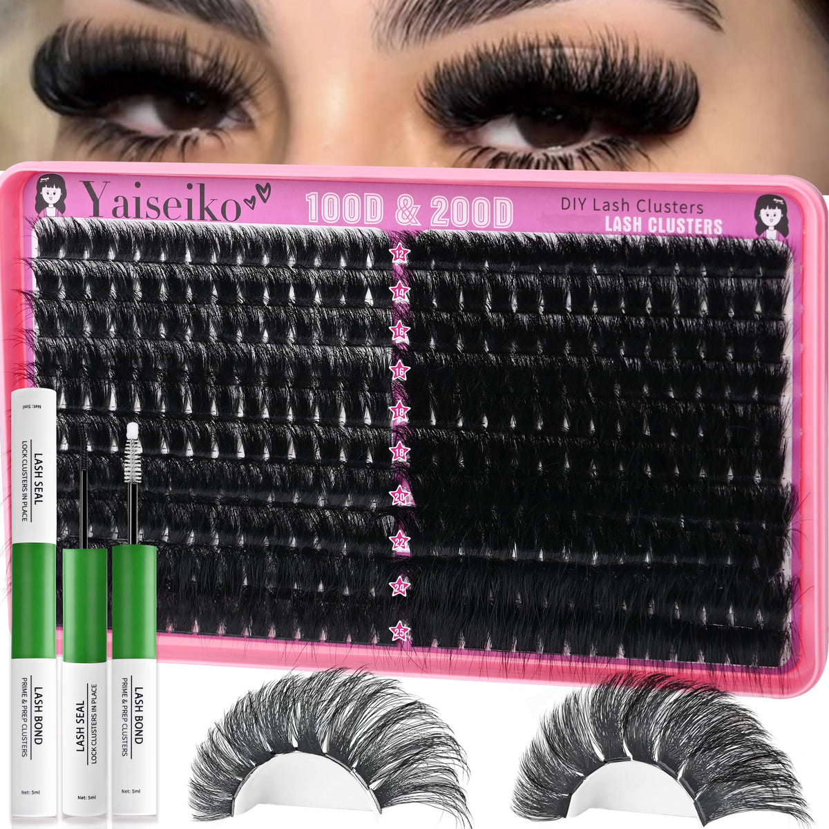 Yaiseiko front packaging of 280-piece lash clusters kit showing contents and benefit of variety