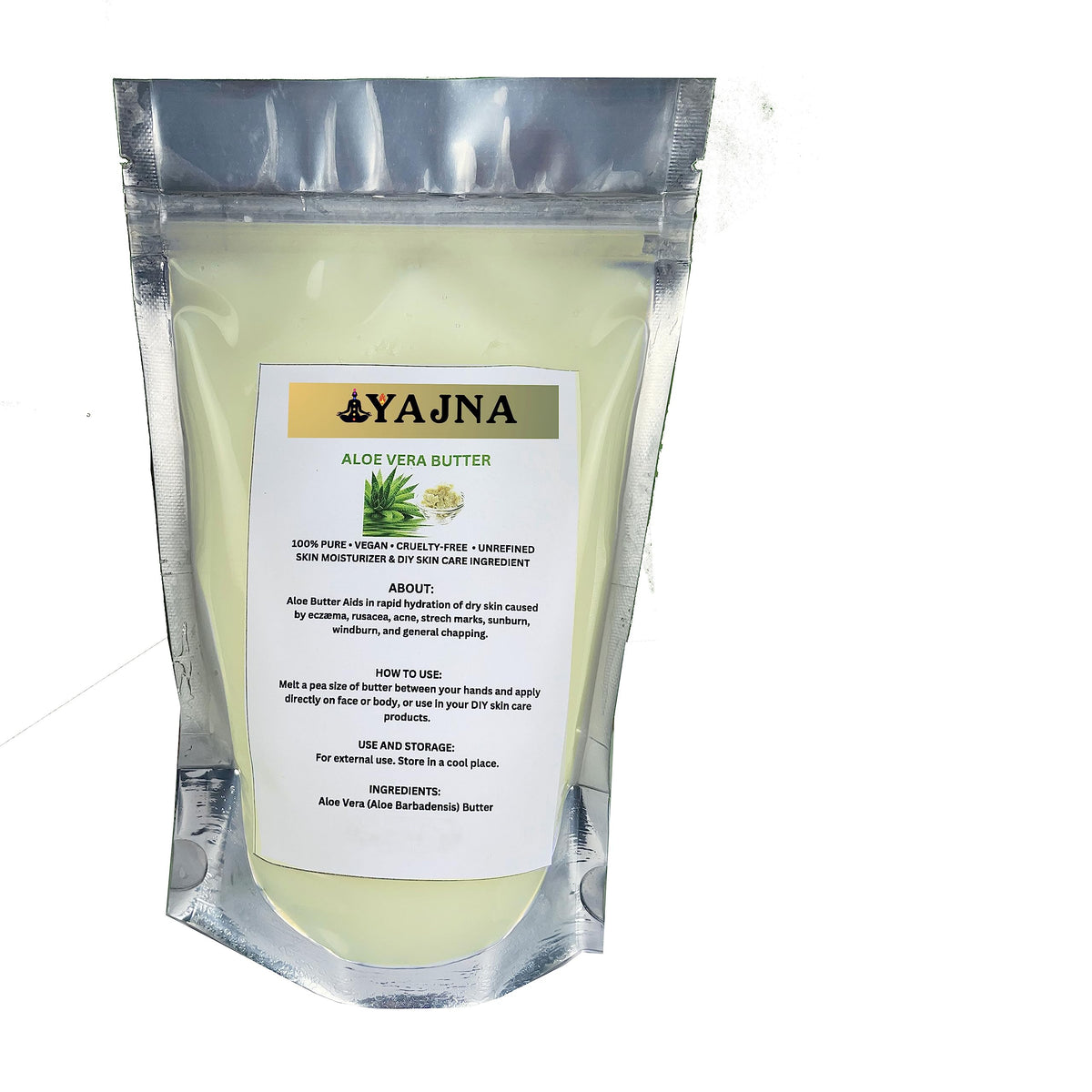 Yajna jar front view showing pure aloe vera butter, highlights natural hydration