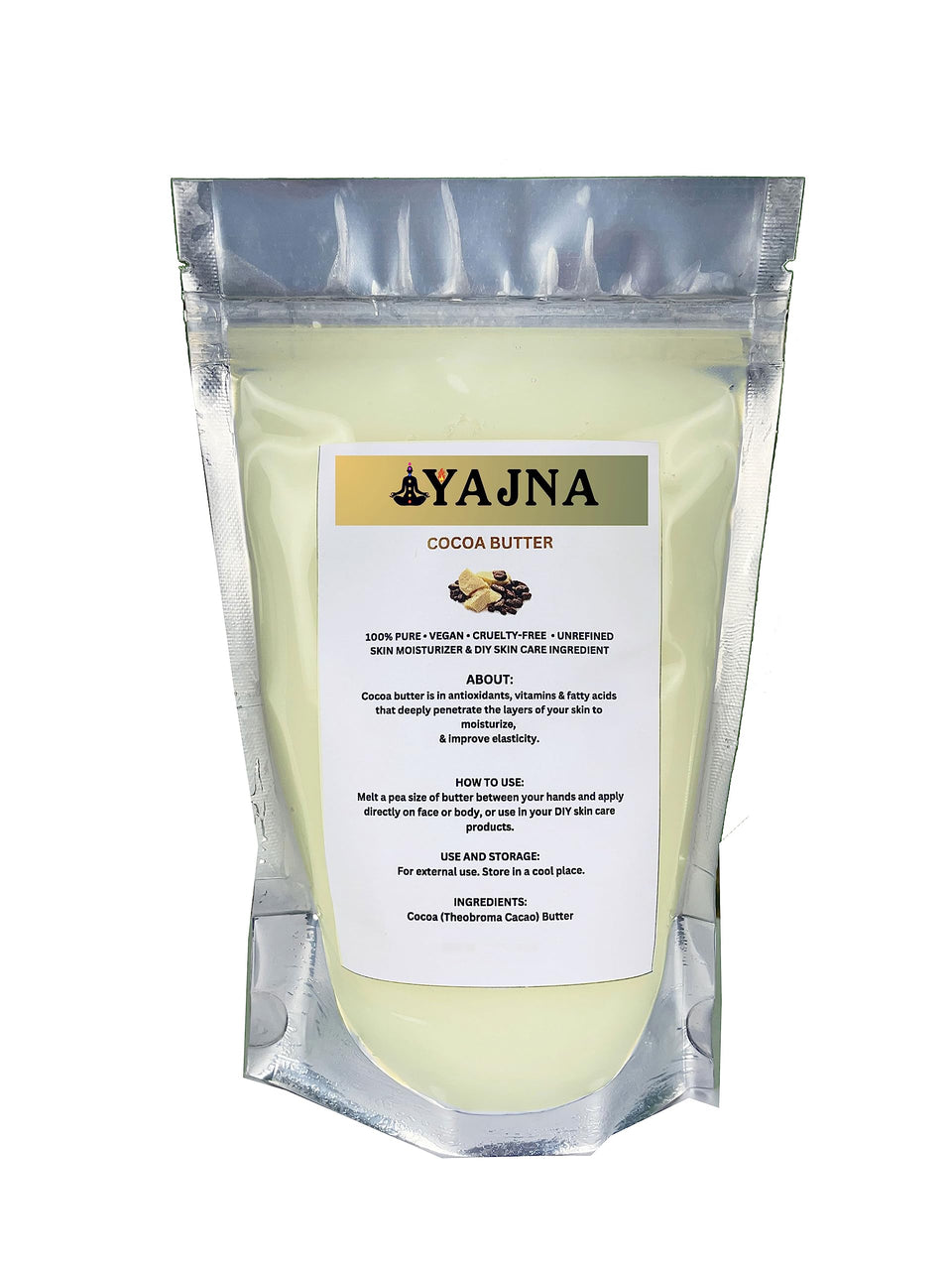 Yajna front packaging showing Grade A pure cocoa butter benefits