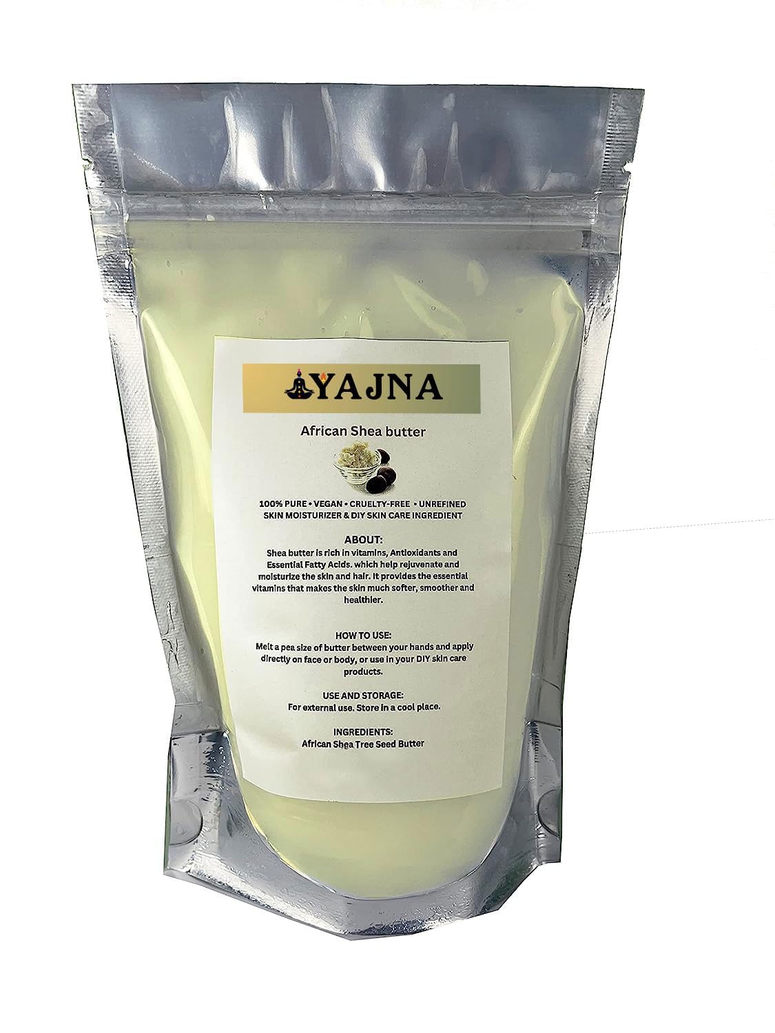 Yajna shea butter front jar showing label and 4 oz size, clear ingredient benefit