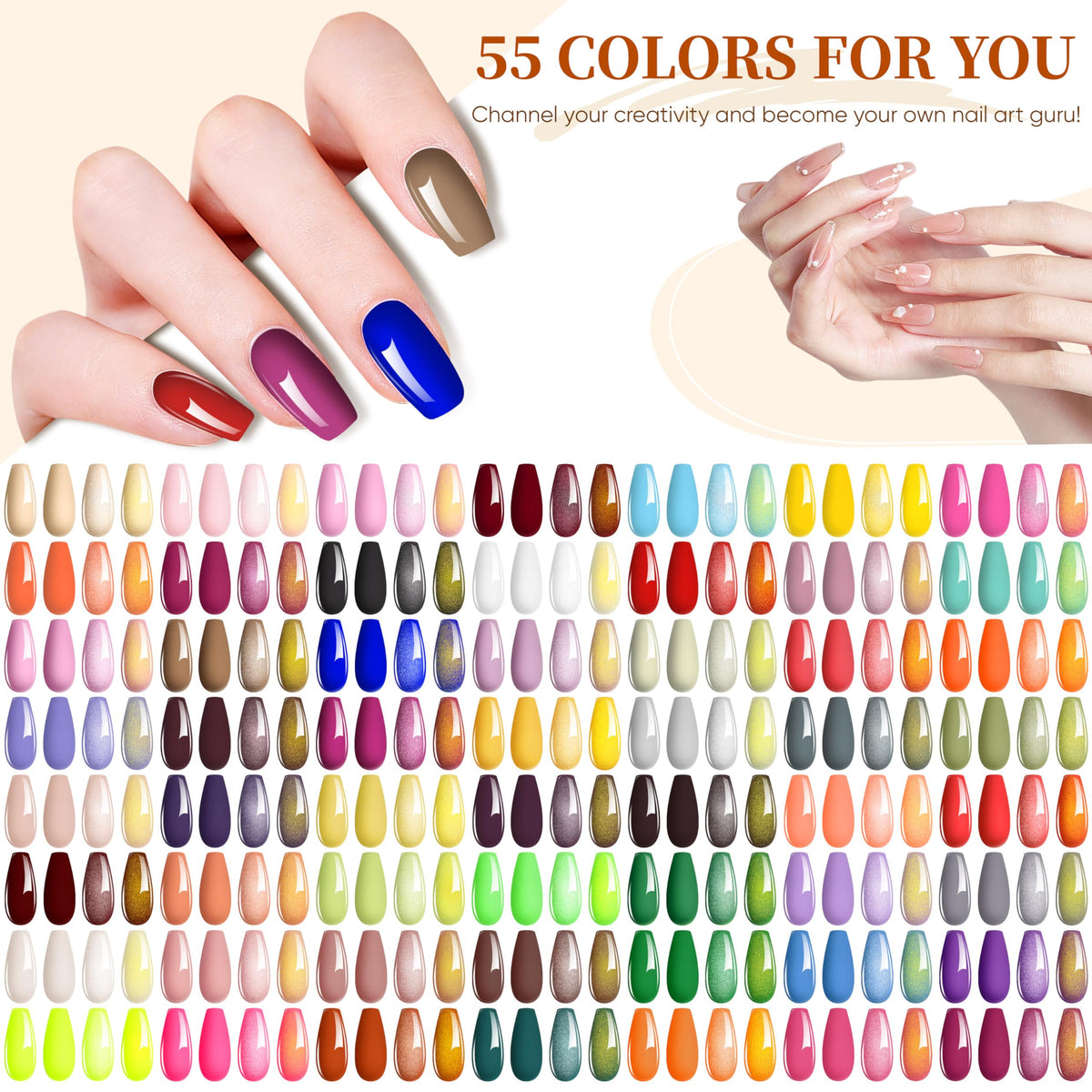 YALSYNY color array of 55 gel polish bottles for endless style options