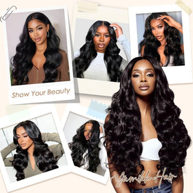 Yamikk lifestyle shot of woman wearing 28-inch wig demonstrating natural style