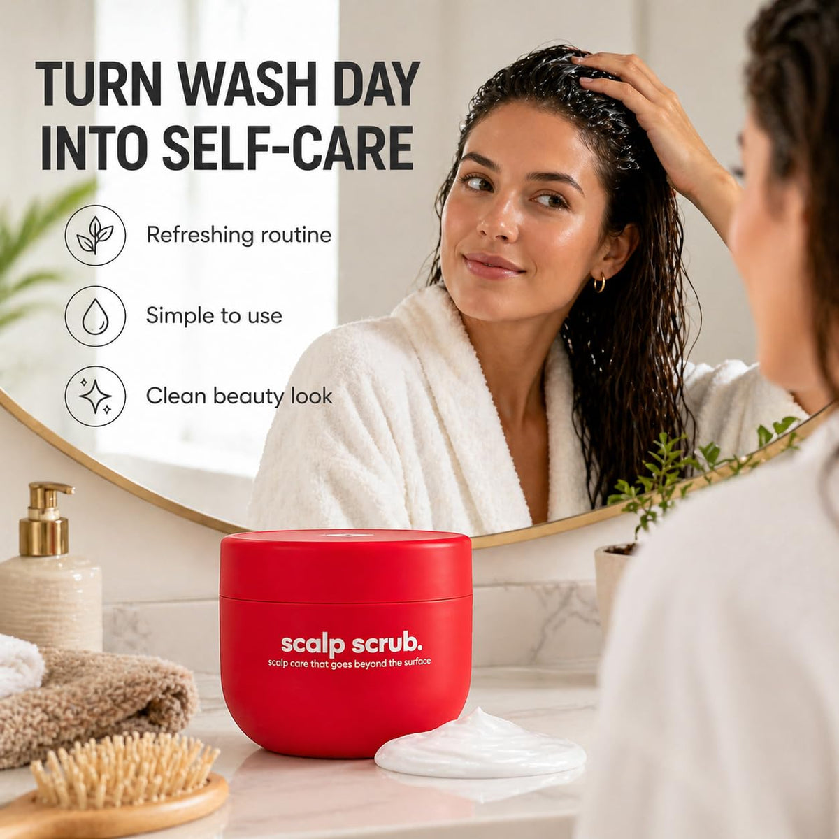 YAMLG scrub rinsing out in shower illustrating easy removal benefit