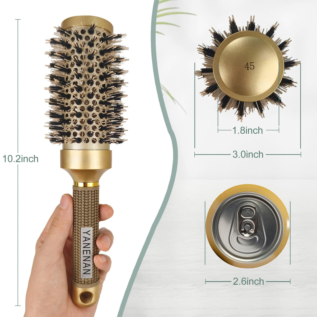 YANENAN brush beside hand for size comparison and medium-hair suitability