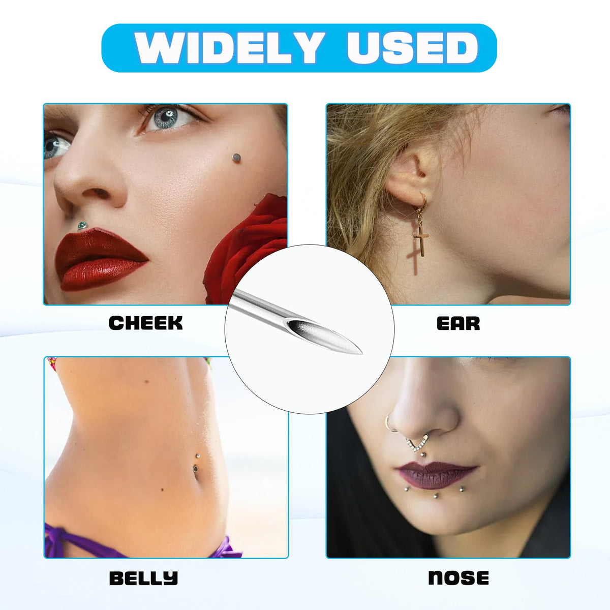 Yangna needles in use with ear jewelry demonstrating accurate placement benefit