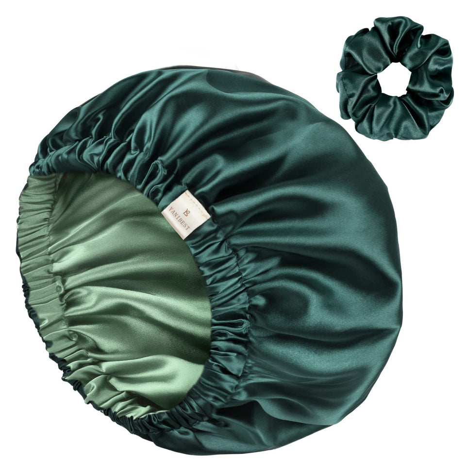 YANIBEST bonnet front view showcasing sage color and neat finish, protecting hair overnight