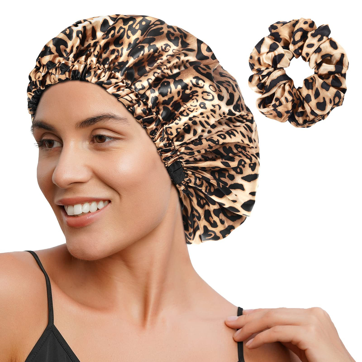 YANIBEST front view bonnet showing bold cheetah print and secure fit benefit