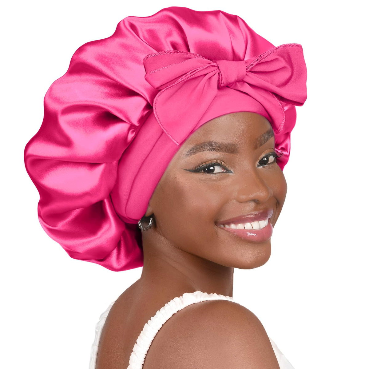 YANIBEST bonnet front view showing hot pink satin and full coverage, protects hair overnight
