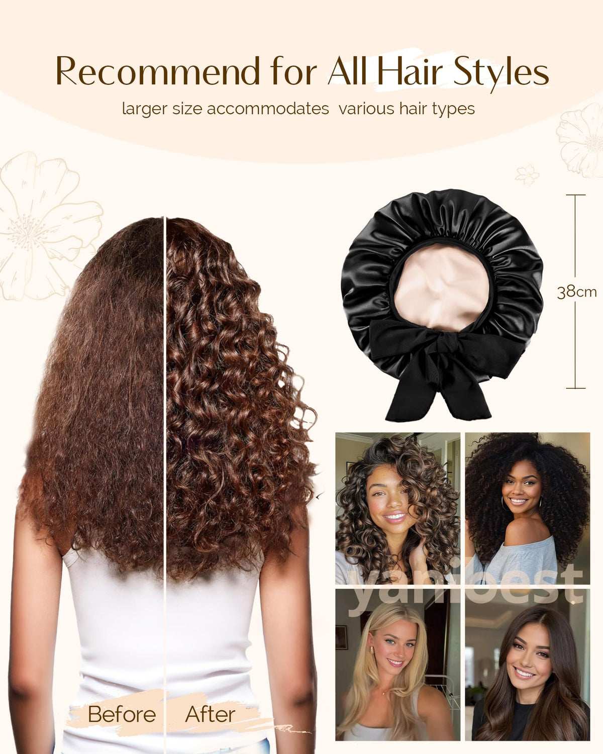 YANIBEST bonnet in use on curly hair demonstrating frizz reduction and moisture retention benefit