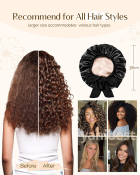 YANIBEST bonnet in use on curly hair demonstrating frizz reduction and moisture retention benefit