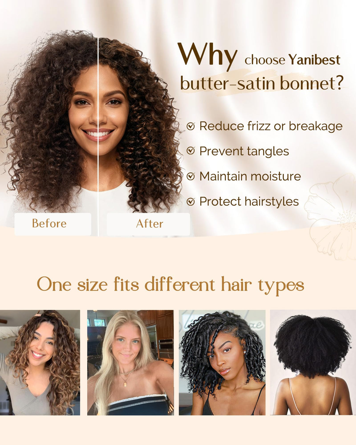 YANIBEST bonnet on curly hair in bed reducing friction and protecting curls