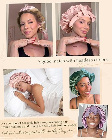YANIBEST bonnet next to measurements and hair bun to show roomy fit and protection