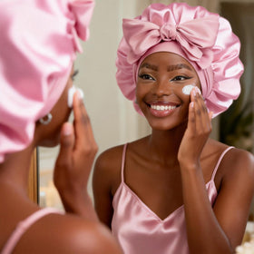 YANIBEST bonnet worn in bed illustrating secure fit and preserved curls