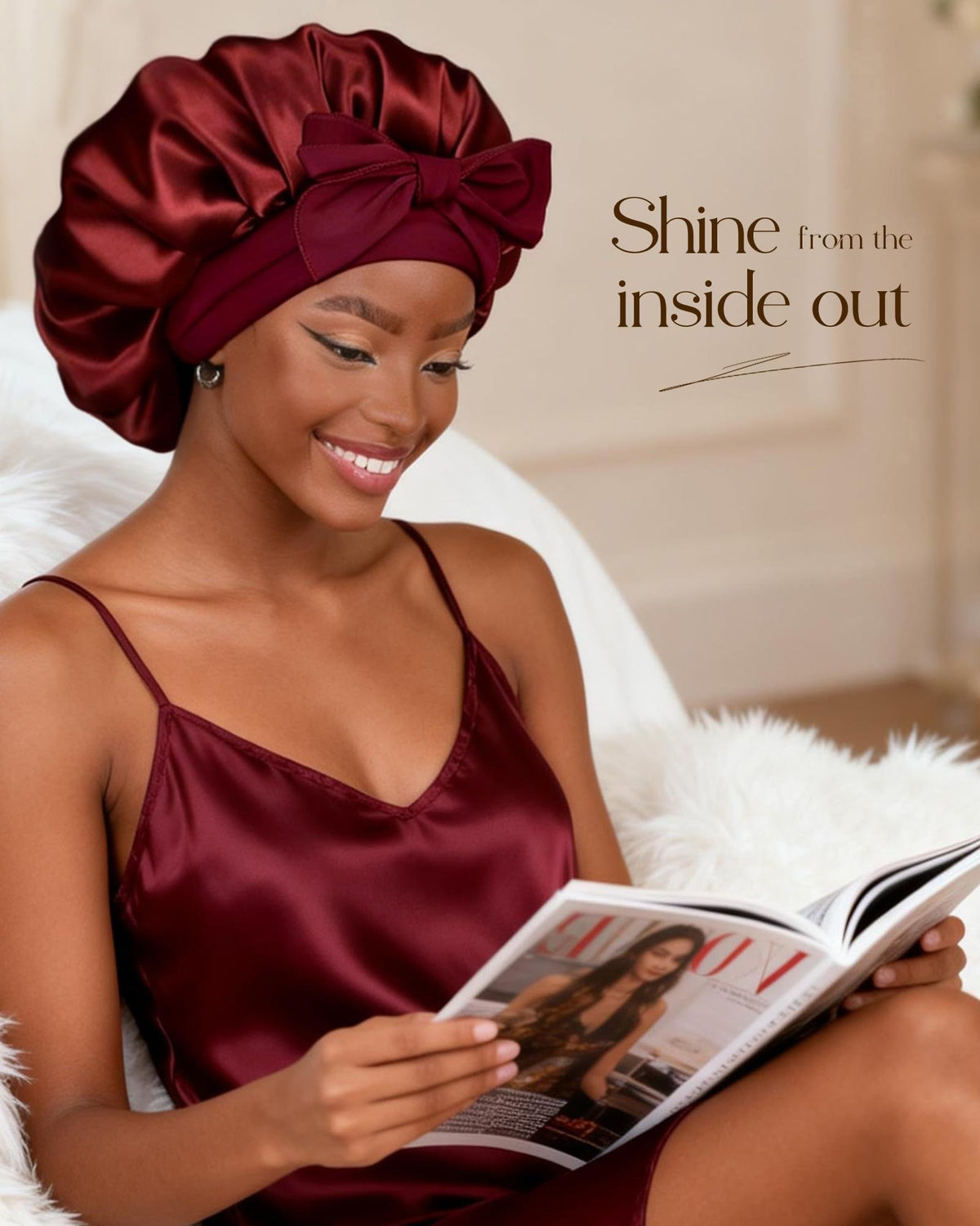 YANIBEST bonnet worn on curly hair preserving curls and preventing frizz