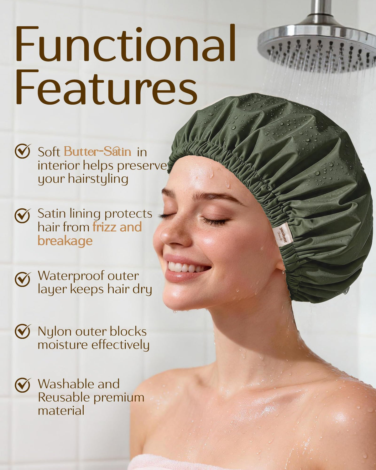 YANIBEST shower cap shown on hand to display true size and coverage