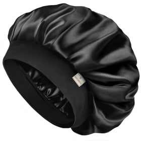 YANIBEST front view of black satin bonnet showing sleek finish and secure fit
