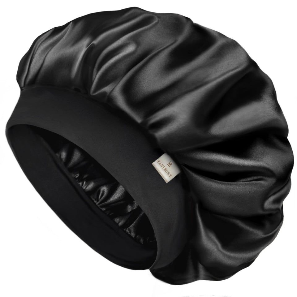 YANIBEST front view of black satin bonnet showing sleek finish and secure fit