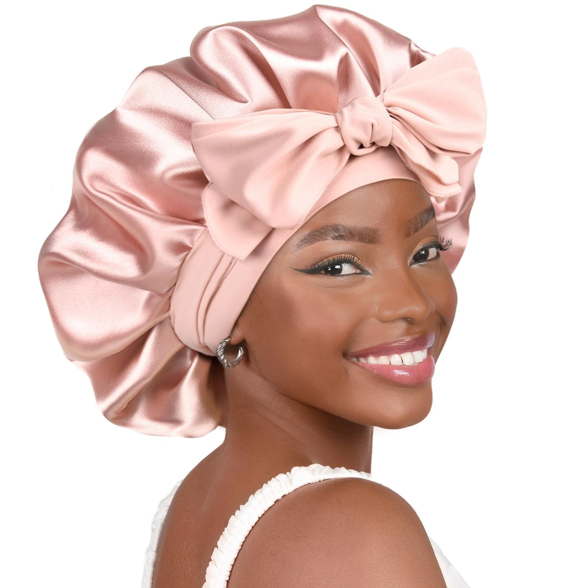 YANIBEST bonnet front view showing blush pink design and secure fit