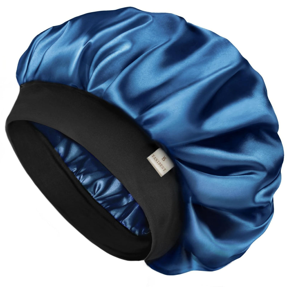 YANIBEST front view of navy silk bonnet showing fit and finish for comfortable sleep