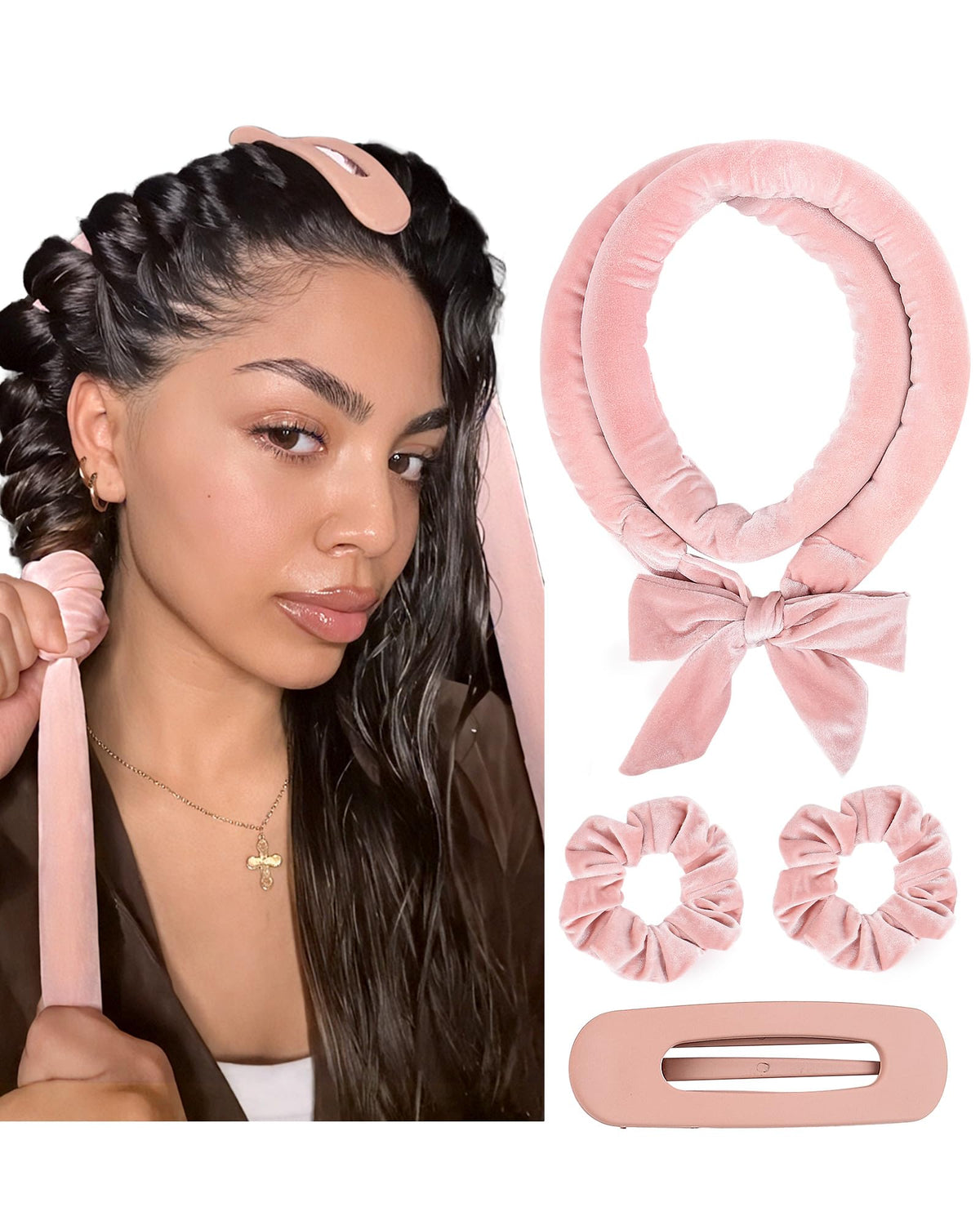 YANIBEST front packaging showing pink heatless curler set and benefits