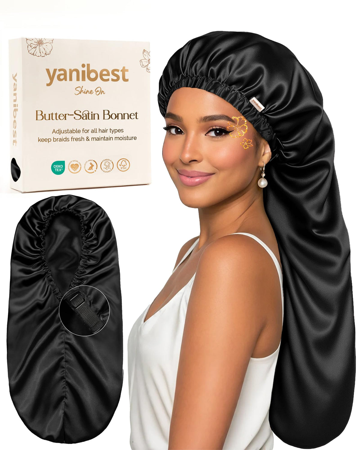 YANIBEST front view of bonnet packaging showing style and color benefits