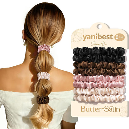 YANIBEST front packaging showing eight satin hair ties and neat box, attractive gift