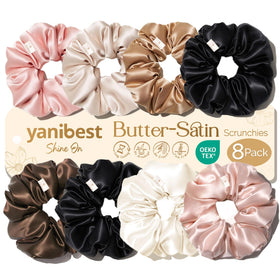 YANIBEST front packaging showing eight satin scrunchies and benefits