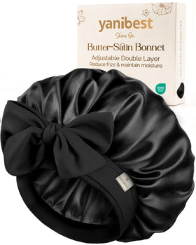 YANIBEST front view of satin bonnet showing sleek fabric and brand benefit