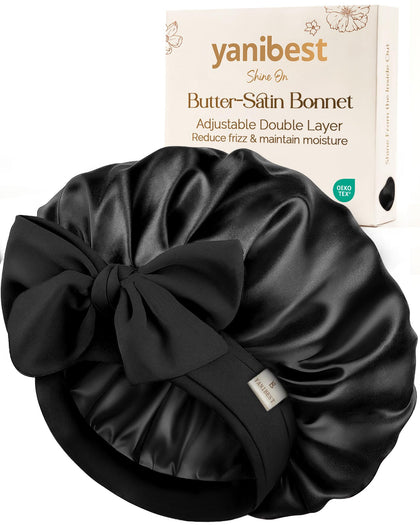 YANIBEST front view of satin bonnet showing sleek fabric and brand benefit