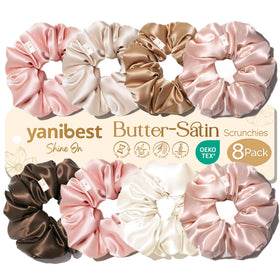 YANIBEST front packaging showing eight satin scrunchies, neat gifting benefit