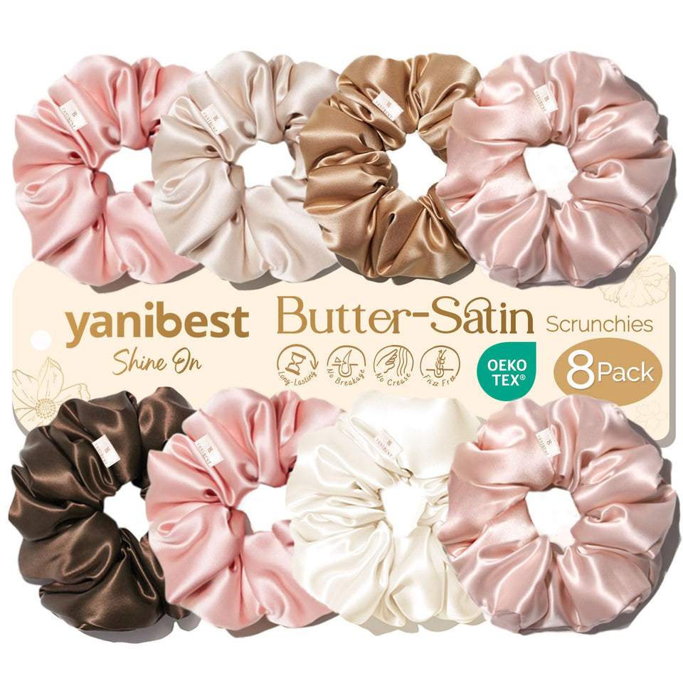 YANIBEST front packaging showing eight satin scrunchies, neat gifting benefit