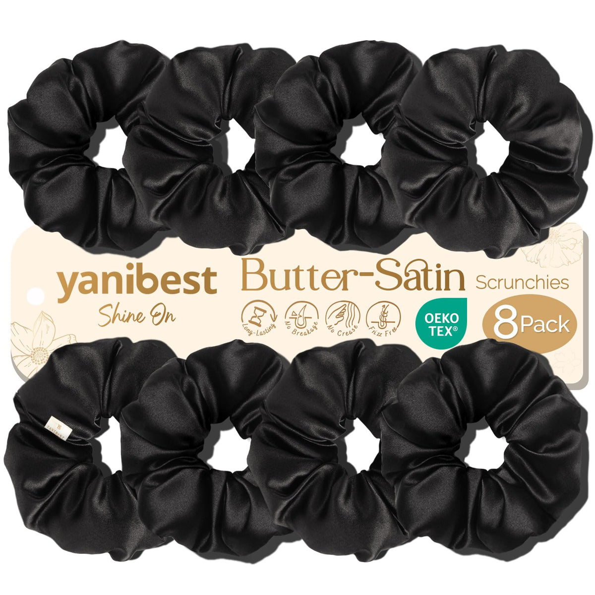 YANIBEST front packaging with eight satin scrunchies showing variety and convenience