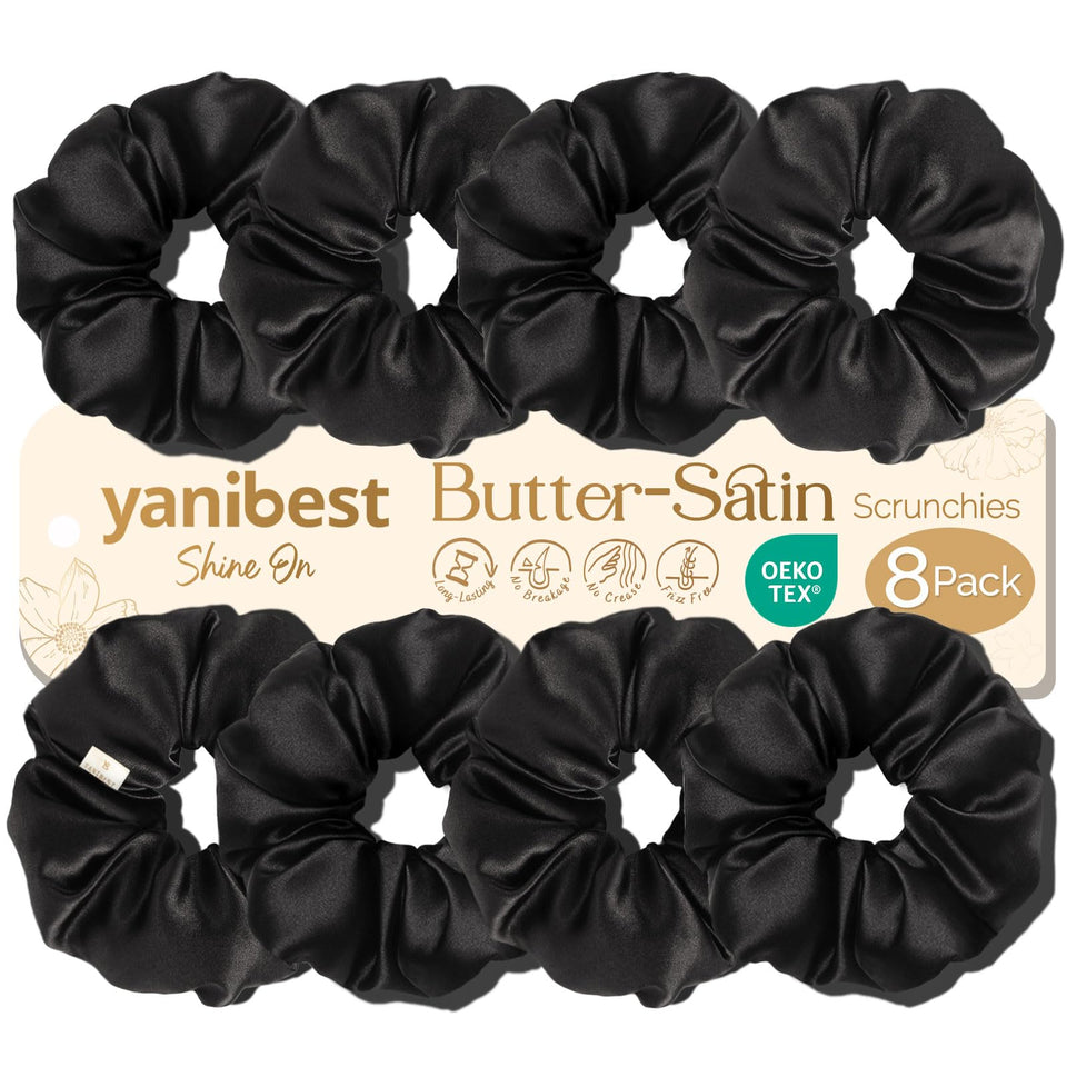 YANIBEST front packaging with eight satin scrunchies showing variety and convenience