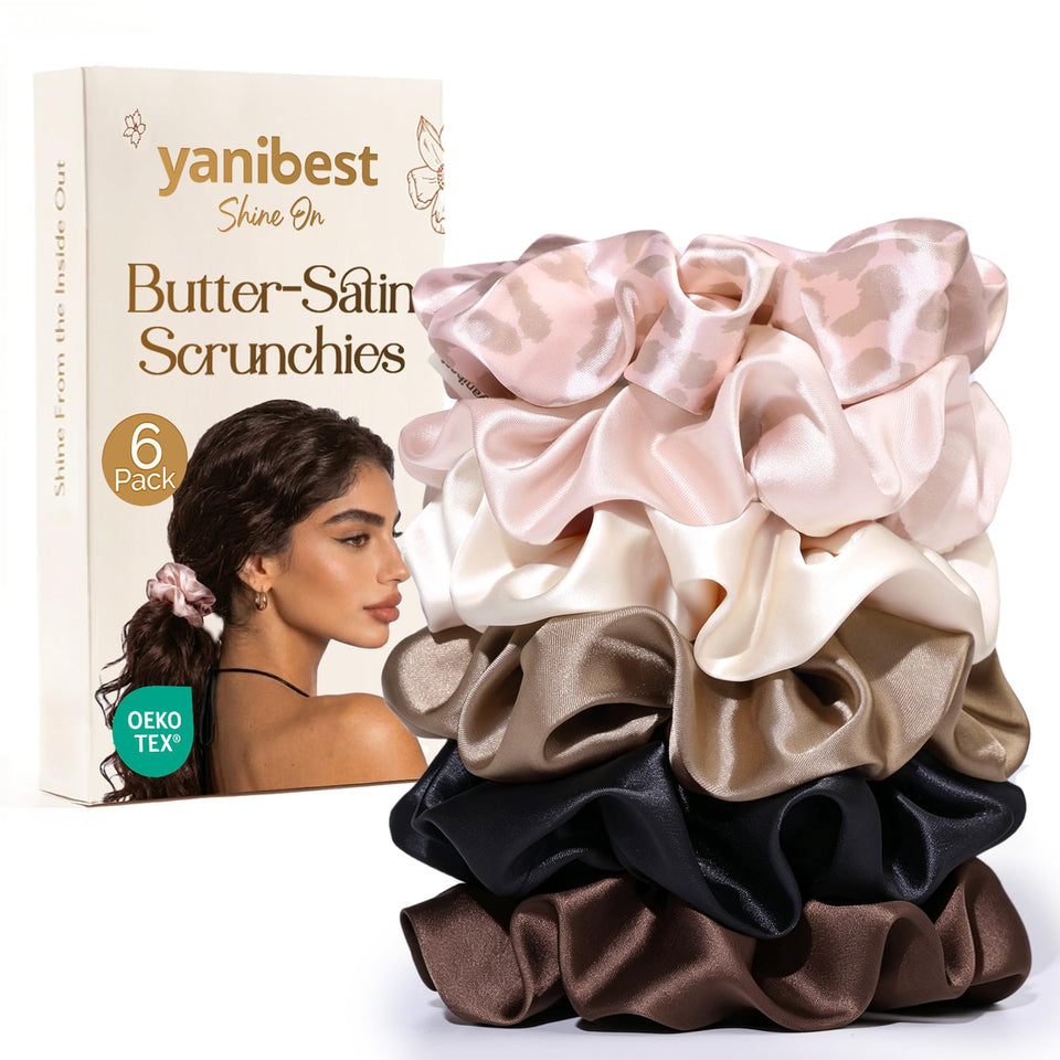YANIBEST front packaging showing six multicolored scrunchies and box, gift-ready