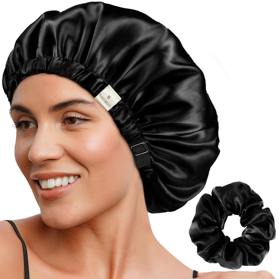 YANIBEST front view black bonnet showing full coverage and neat finish for protective sleep