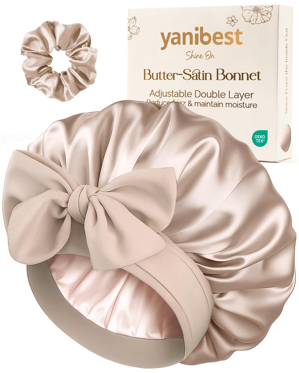 YANIBEST front view of champagne satin bonnet showing smooth finish and protective fit