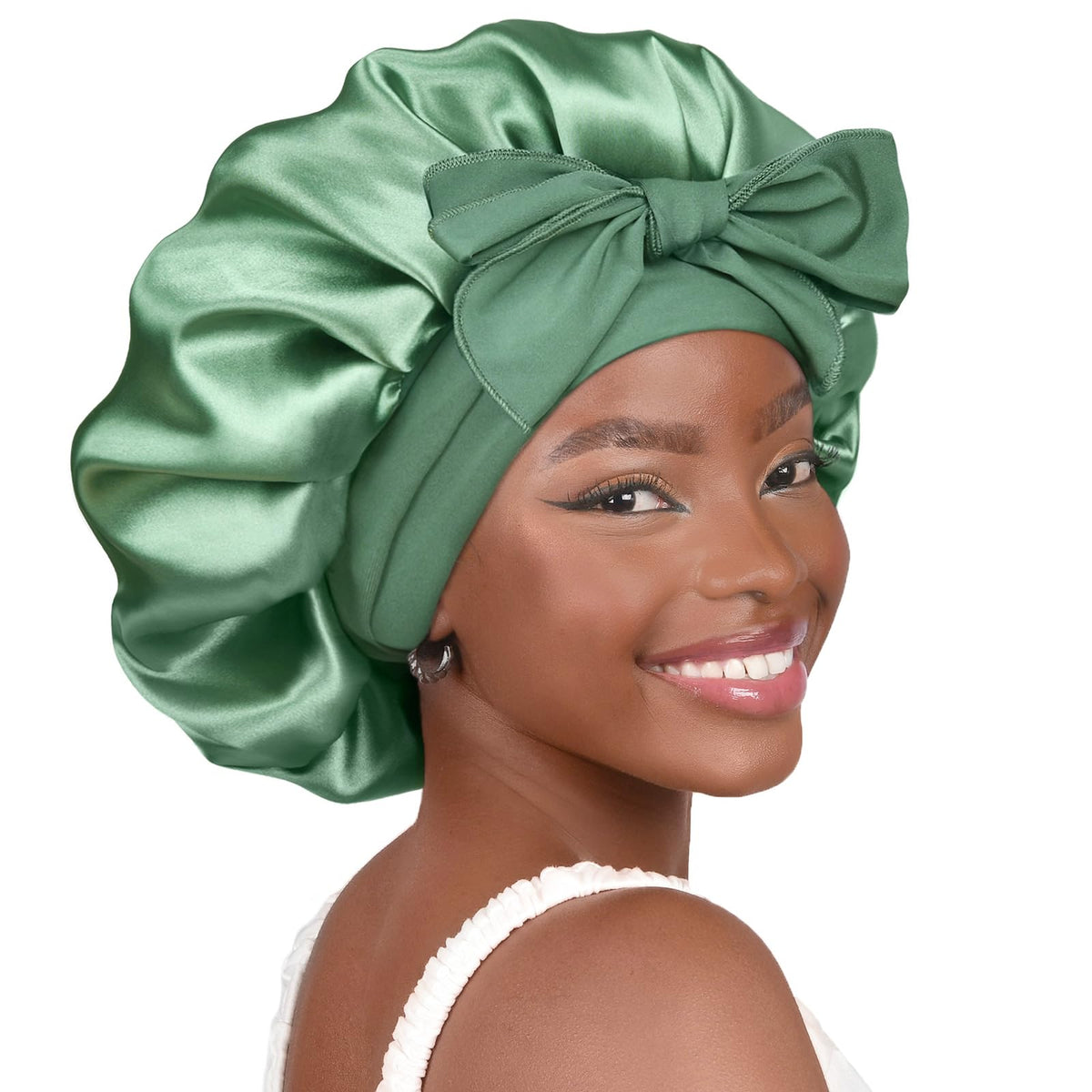 YANIBEST front view bonnet showing sage color and secure fit benefit