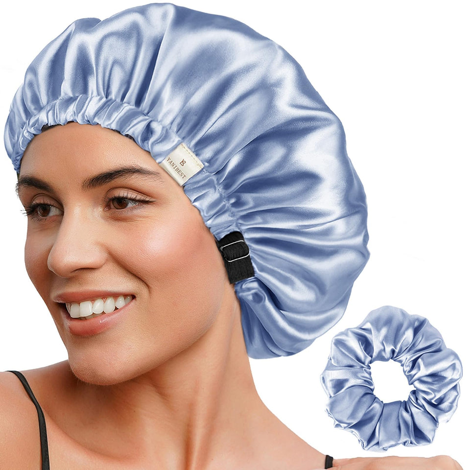 YANIBEST sky blue bonnet front view showing snug fit and smooth satin finish for protected hair