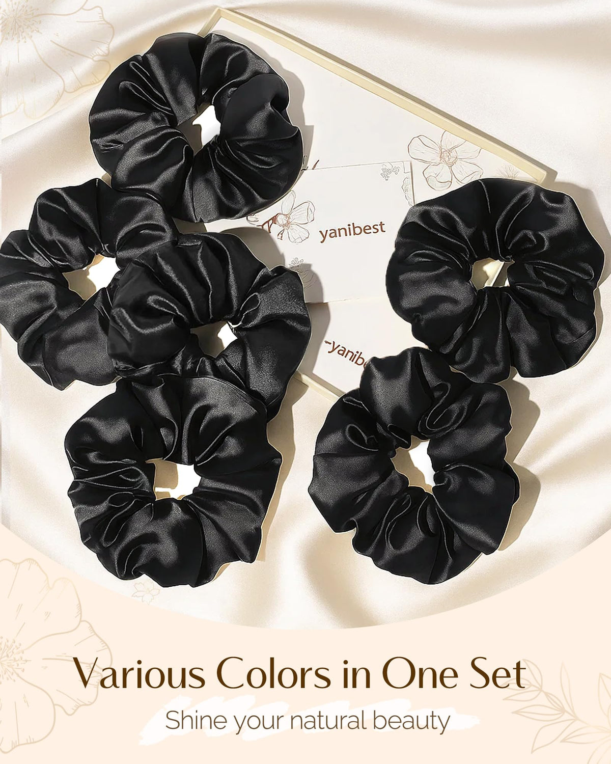 YANIBEST open gift box with eight satin scrunchies ideal for presents and storage