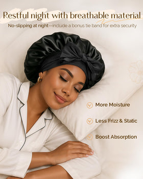 YANIBEST bonnet worn by curly-haired model preserving curls overnight