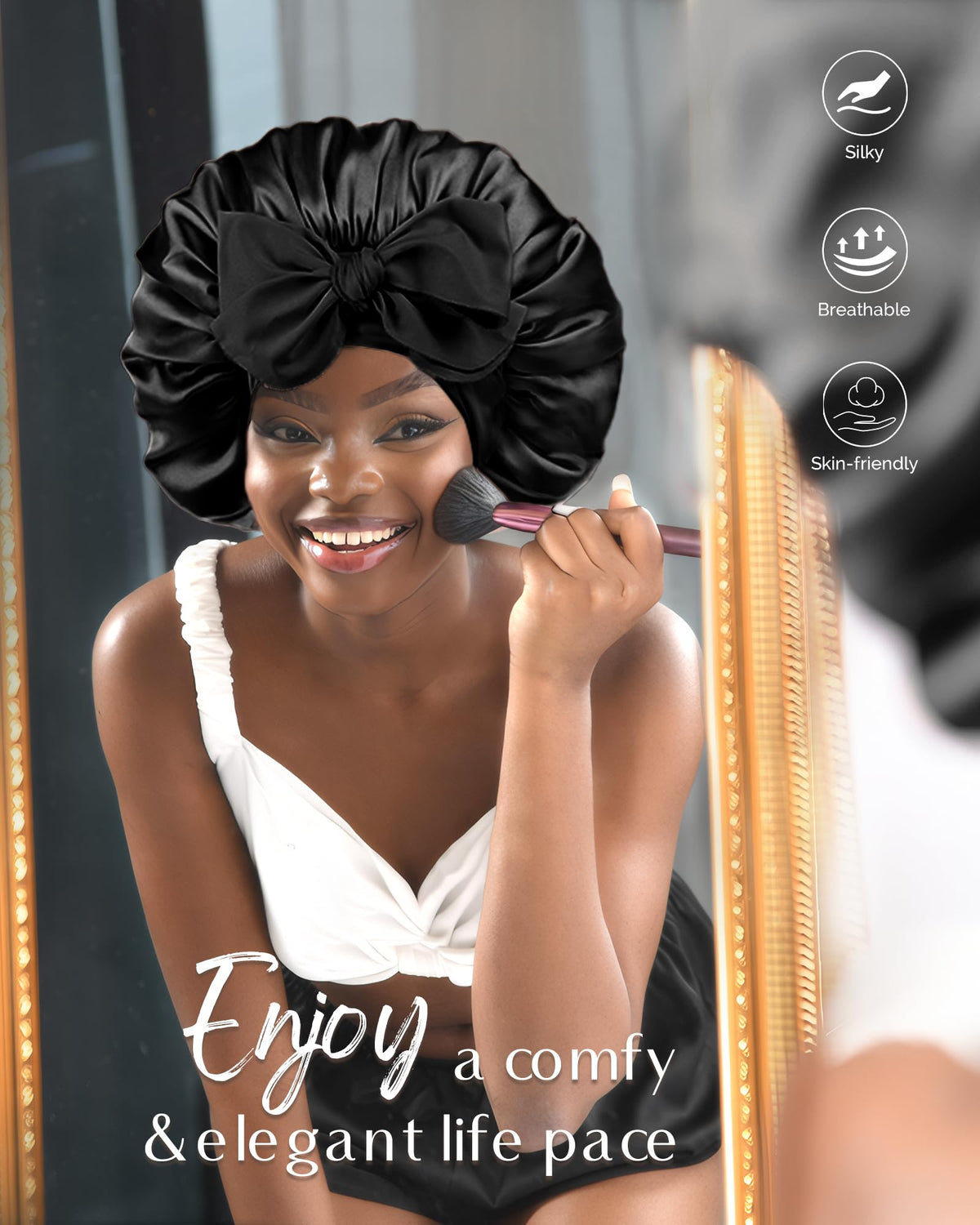 YANIBEST bonnet in a bedroom scene demonstrating nightly hair care