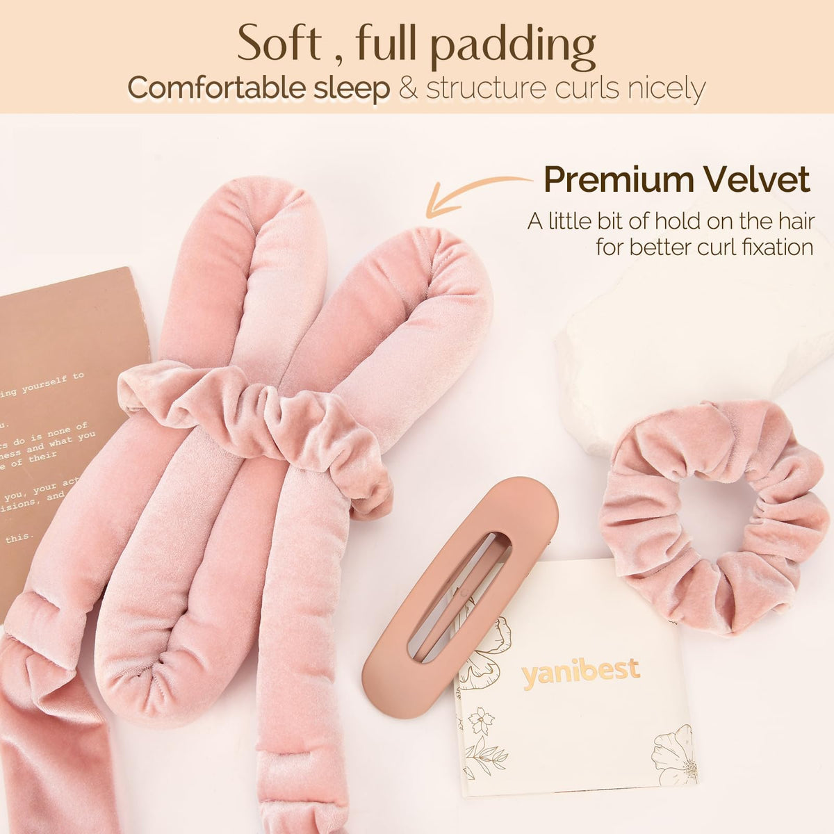 YANIBEST scrunchies and non-slip clip displayed for secure overnight hold